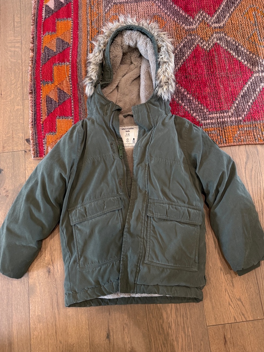 Boys Olive Green Hooded Parka with Faux Fur Trim